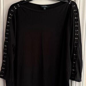 LRL Lauren black 3/4 sleeve knit top with laced sleeves.  Size 3X